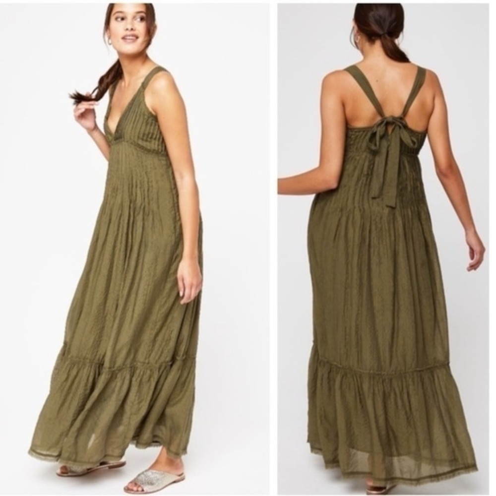 Free People Frankie Gauzy Pintuck Maxi Dress Army Olive Green pockets oversized